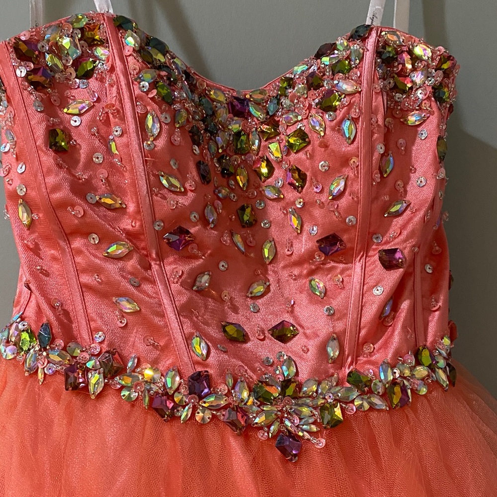 Embellished Coral Formal Grad, Wedding, Prom Dress by Anjali